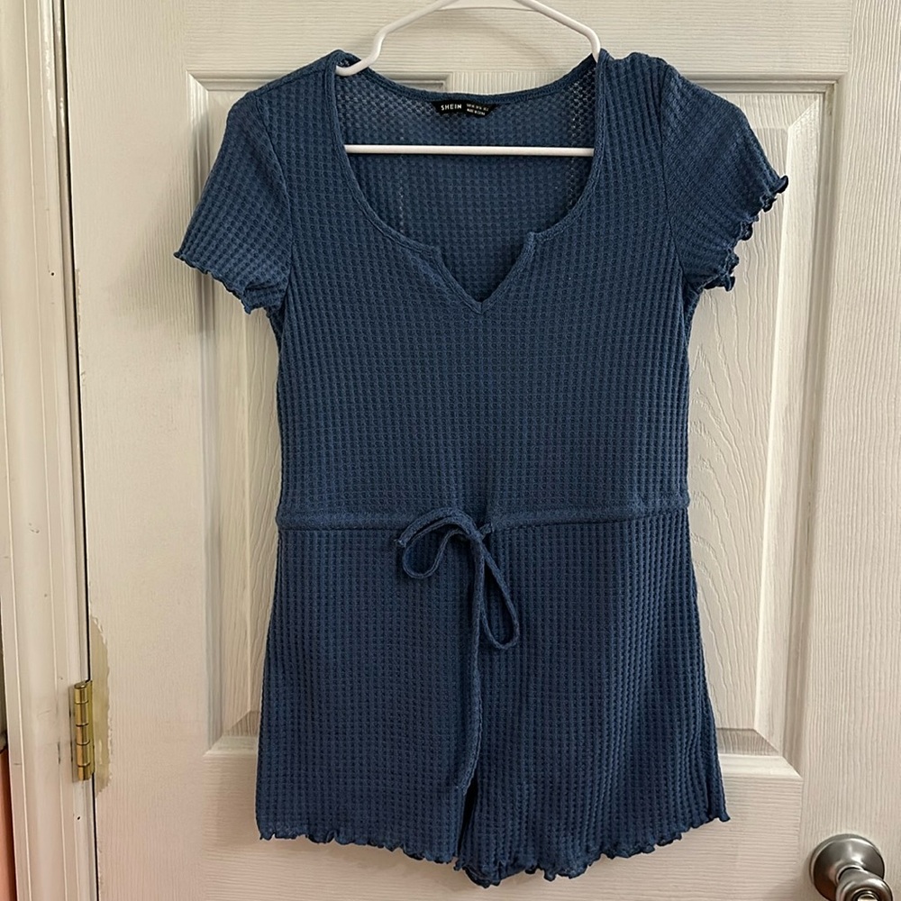 Blue Lettuce Sleeve Waffle Knit Adjustable Waist Romper Jumpsuit SHEIN